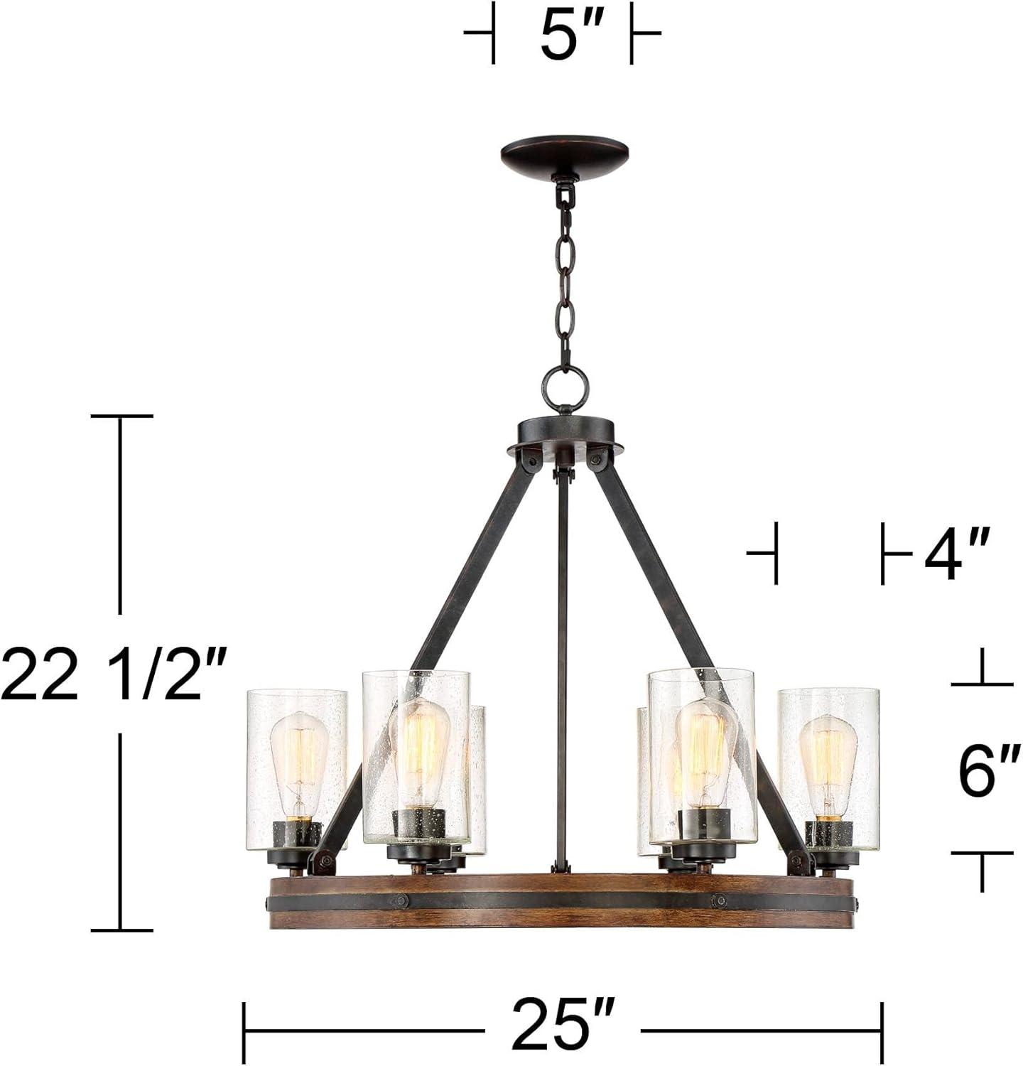 Franklin Iron Works Metal Wood Wagon Wheel Chandelier 25" Wide Rustic Farmhouse Clear Seeded Glass 6-Light Fixture for Dining Room