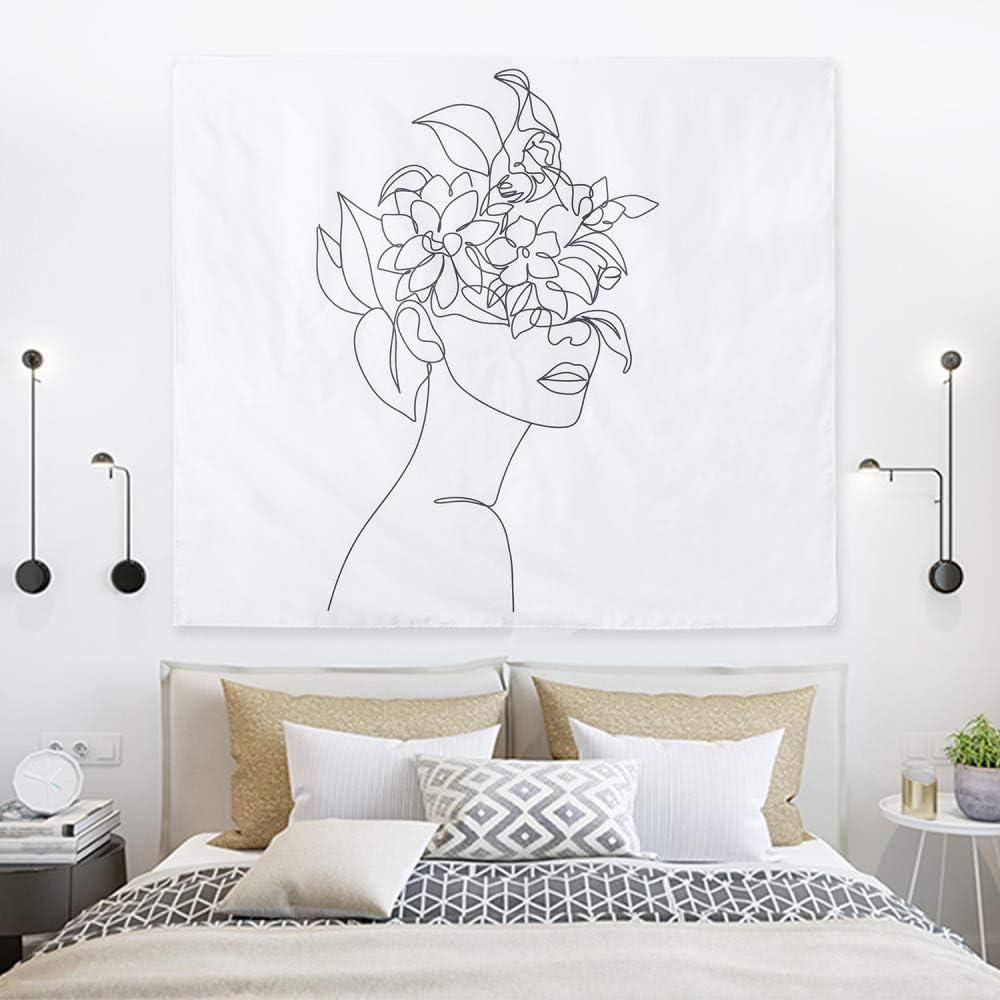 Black and White Abstract Woman Face Tapestry with Flowers, 51x60 Inches