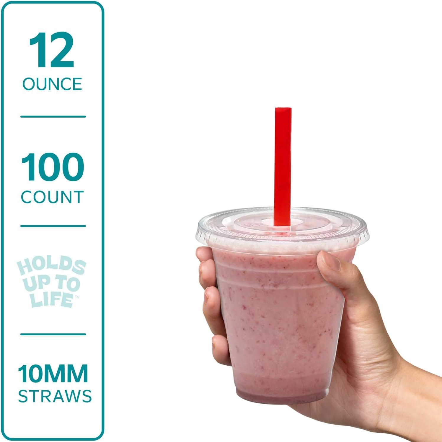 GUSTO 12 oz Clear Plastic Cups with Flat Lids & Straws for Coffee, Slushie, Milkshakes, 100-Pack