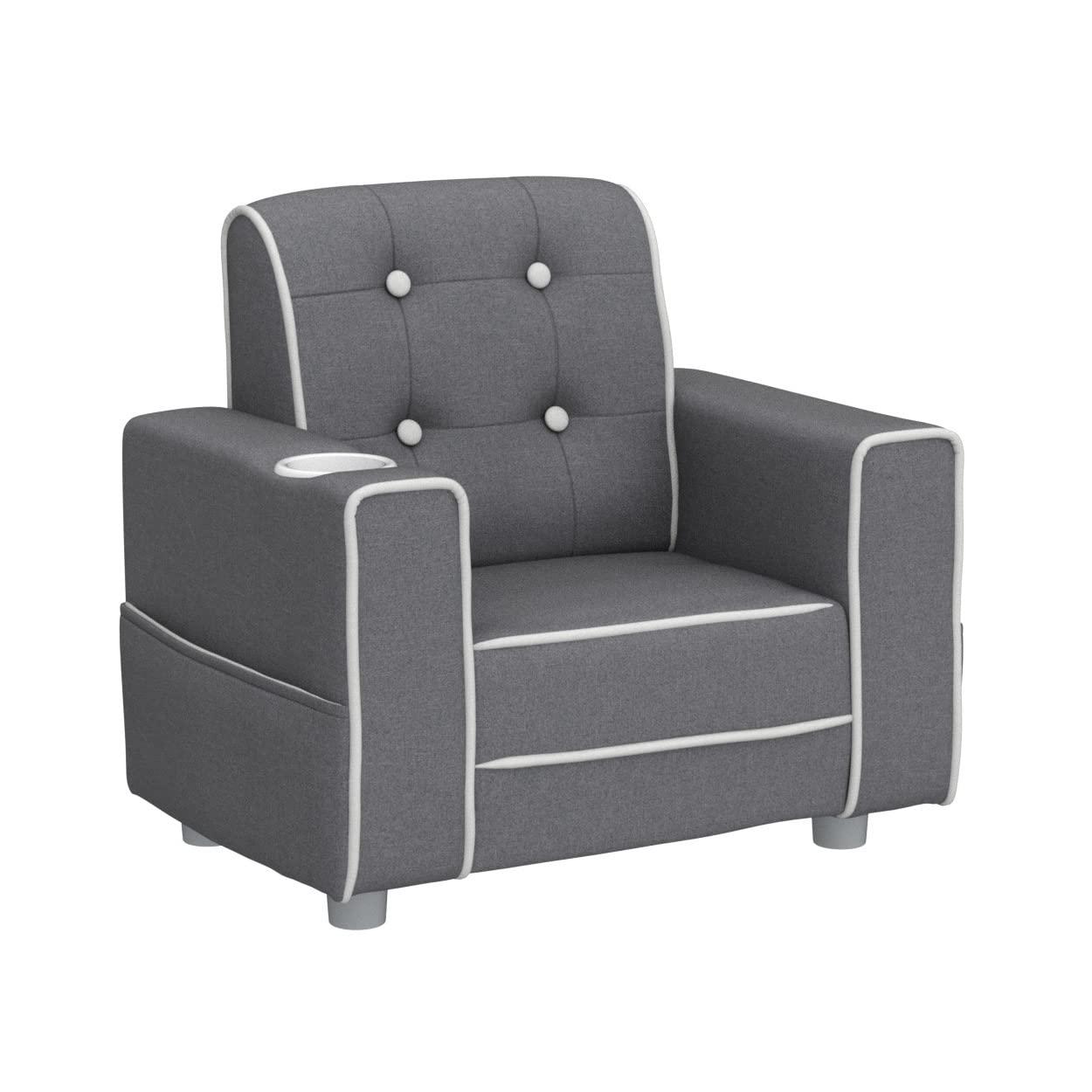 Chelsea Light Grey and White Upholstered Kids Chair with Cup Holder