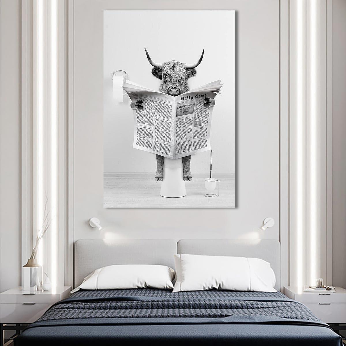 Modern Black Framed Highland Cow Wall Art Minimalist Bathroom Wall Decor Cute Funny Animals Artwork Canvas Prints Ready to Hang for Guest Bathroom, Hotel, Condo, Kids Bathroom, 12”x16”