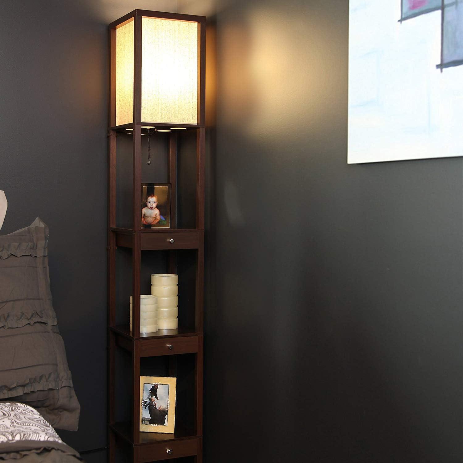Maxwell 72 in. Havana Brown Traditional 1-Light LED Energy Efficient 3-Drawer Floor Lamp with Beige Fabric Square Shade