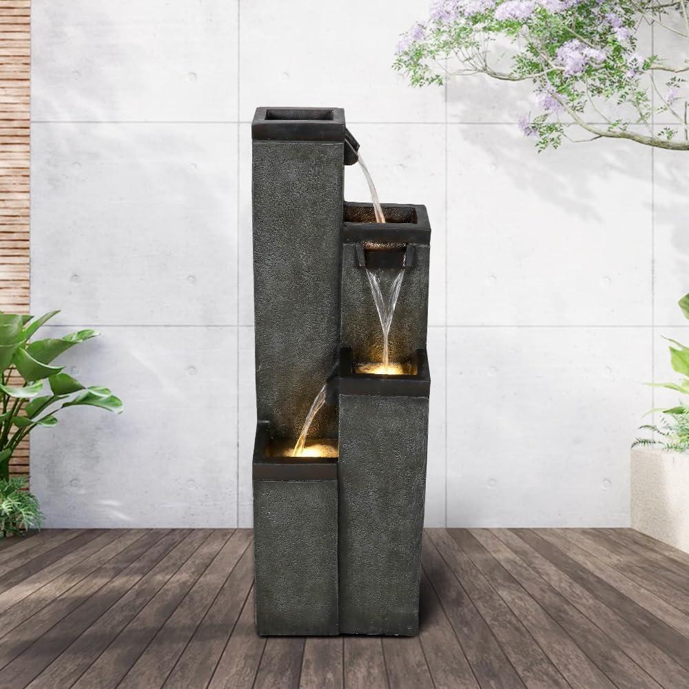 Modern Gray Resin 39.3" Floor-Standing Water Fountain with LED Lights