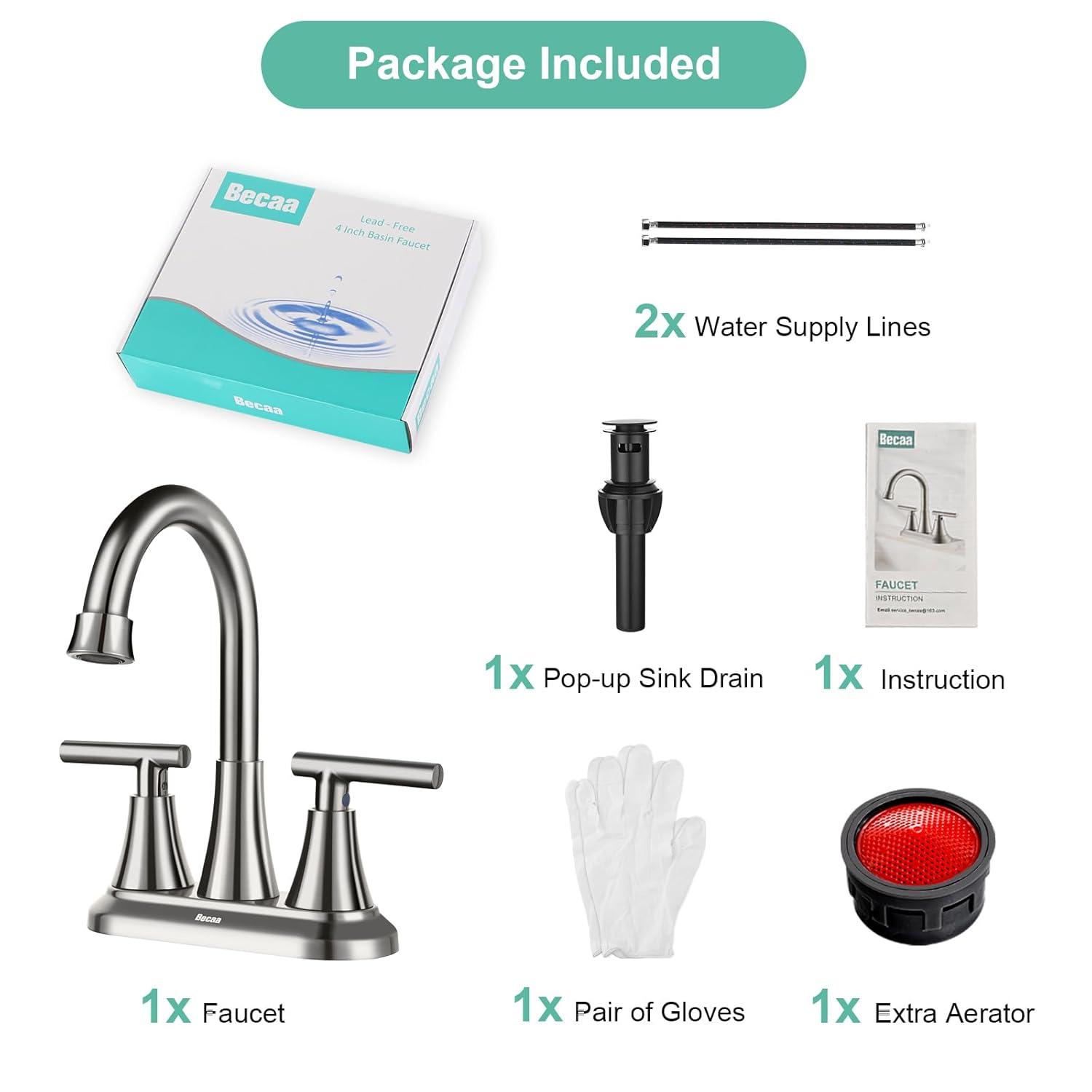 4 Inch Bathroom Faucets for Sink 3 Hole, Faucet for Bathroom Sink with Pop-up Drain & Supply Hoses, 2-Handle 360 Swivel Spout Stainless Steel Lead-Free, Centerset Faucet for Vanity Lavatory