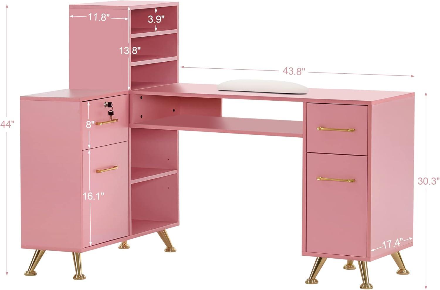 BarberPub L-Shaped Manicure Table with Drawers and Shelves for Storage, 55.6"D x 34.8"W x 44"H, Salon Corner Nail Desk 2866