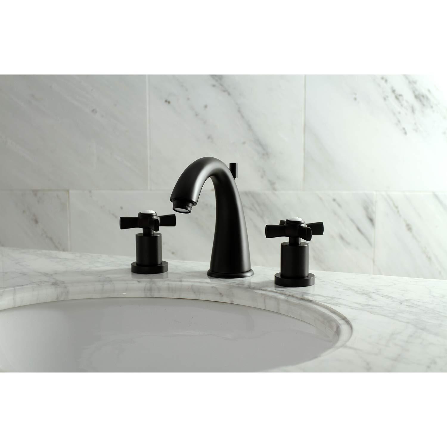 Kingston Brass Millennium Two-Handle 3-Hole Deck Mount Widespread Bathroom Faucet with Brass Pop-Up Drain