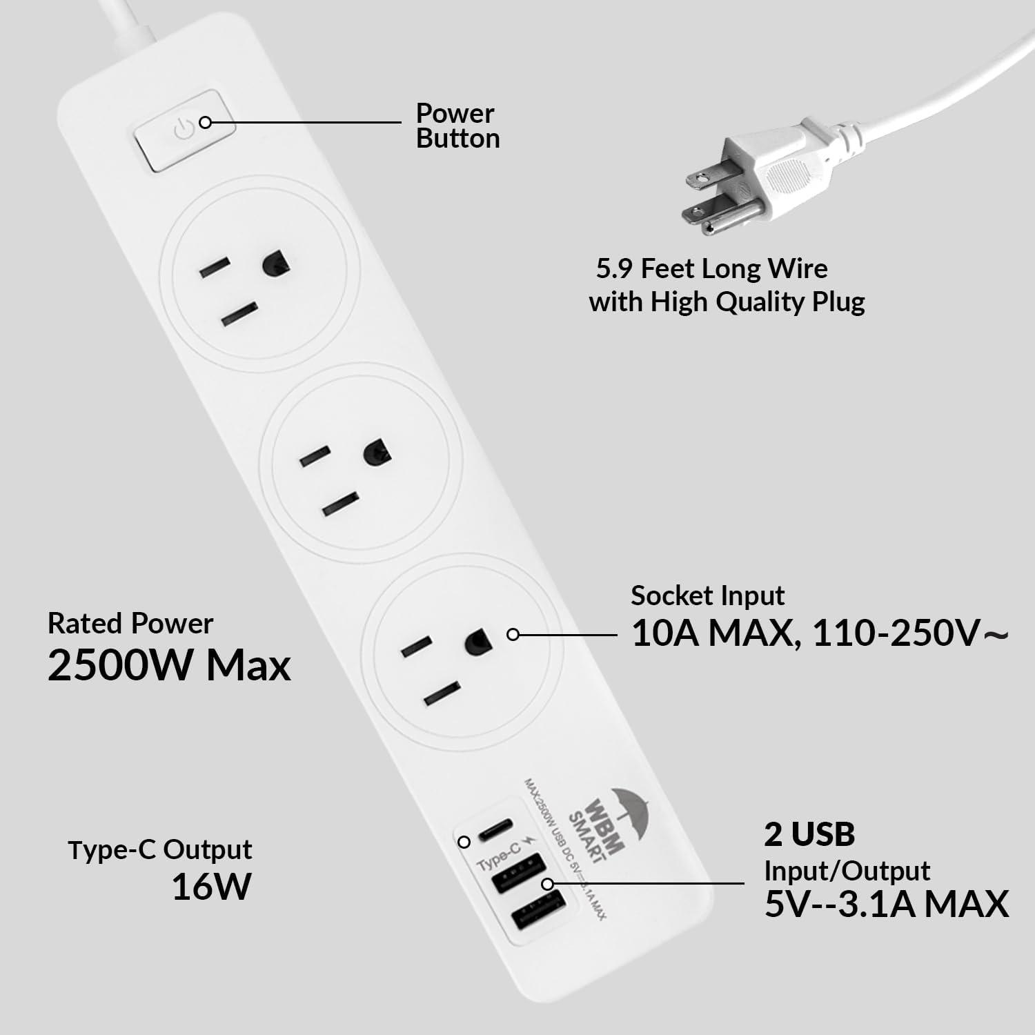 White 5.9 ft Power Strip with USB and Type C Ports, Set of 2