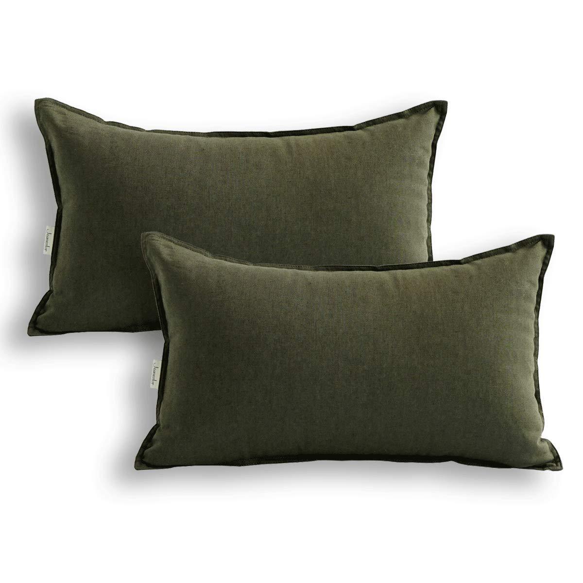 Jeanerlor Cotton Linen Square Decorative Throw Pillow Case Cushion Cover with Twin Needles Stitch on Edge, 12"x20"(30 x 50cm), 2 Pcs, Olive Green