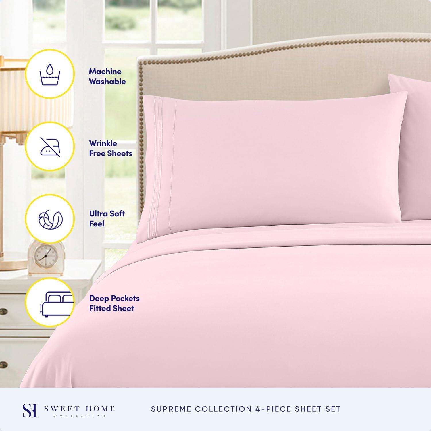4 Piece Sheet Set, Ultra Soft 1800 Series Collection - King, Pale Pink