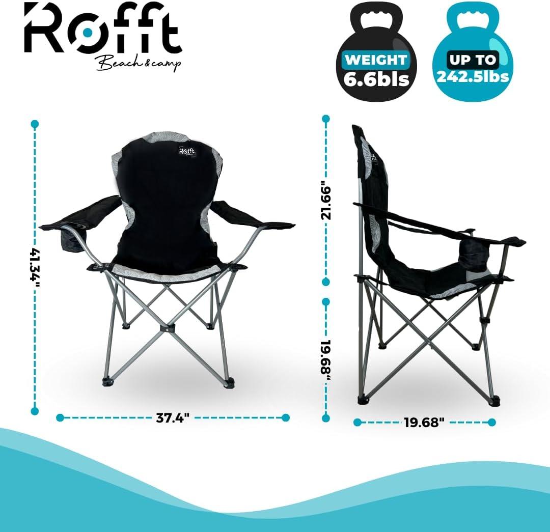 ROFFT Camping Chair, Folding, Heavy Duty, Portable, 250 lb Capacity, High Back, with Cup Holder, Black