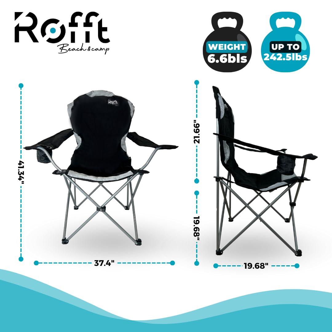 ROFFT Camping Chair, Folding, Heavy Duty, Portable, 250 lb Capacity, High Back, with Cup Holder, Black