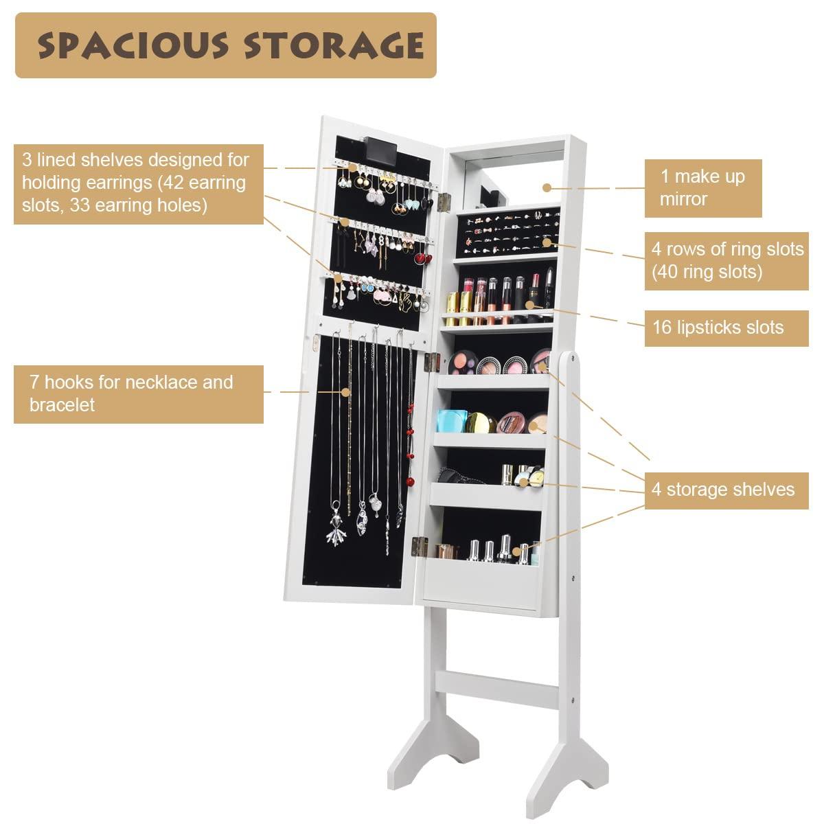 QuellQuest Standing Jewelry Armoire with 18 LED Lights Around the Door, Large Storage Mirrored Jewelry Cabinet with Full Length Mirror, 16 Lipstick Holders, 1 Inside Makeup Mirror (White)