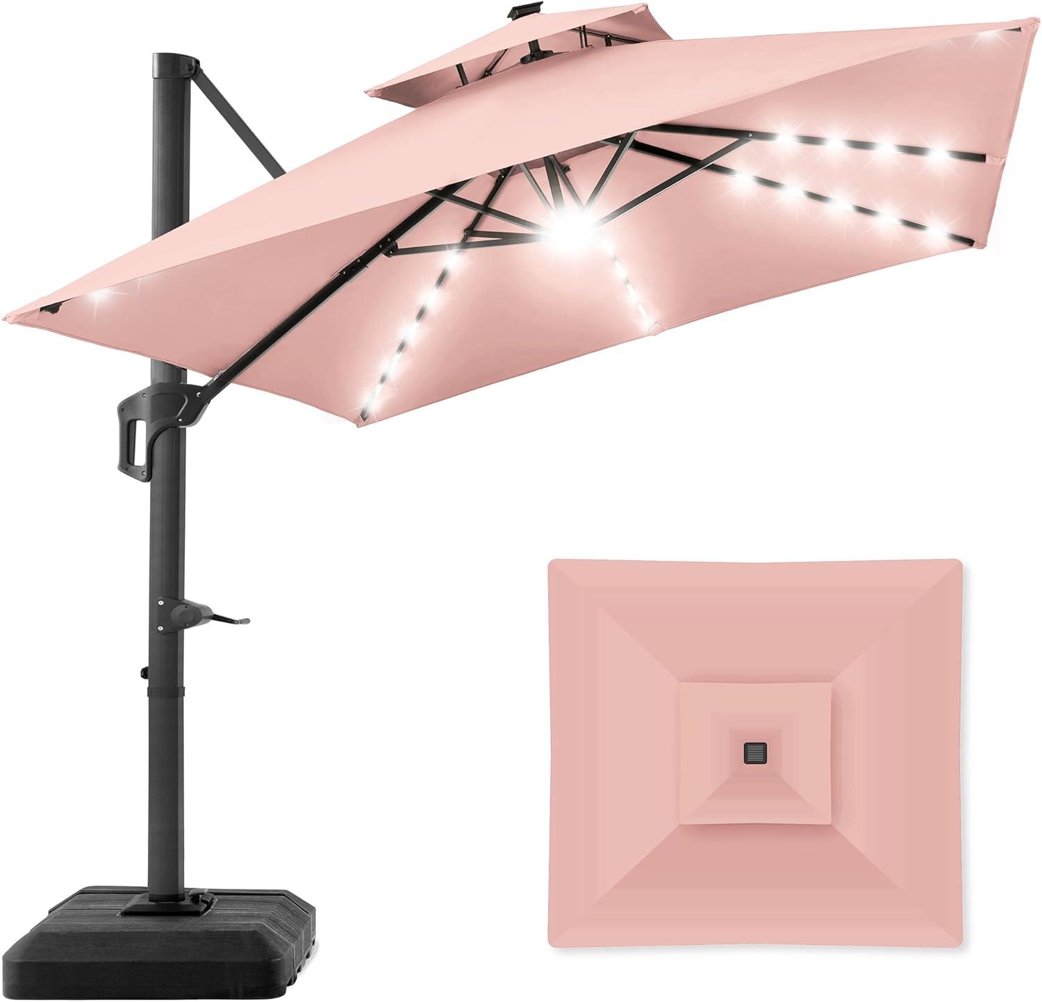 Best Choice Products 10x10ft 2-Tier Square Outdoor Solar LED Cantilever Patio Umbrella w/ Base Included - Rose Quartz