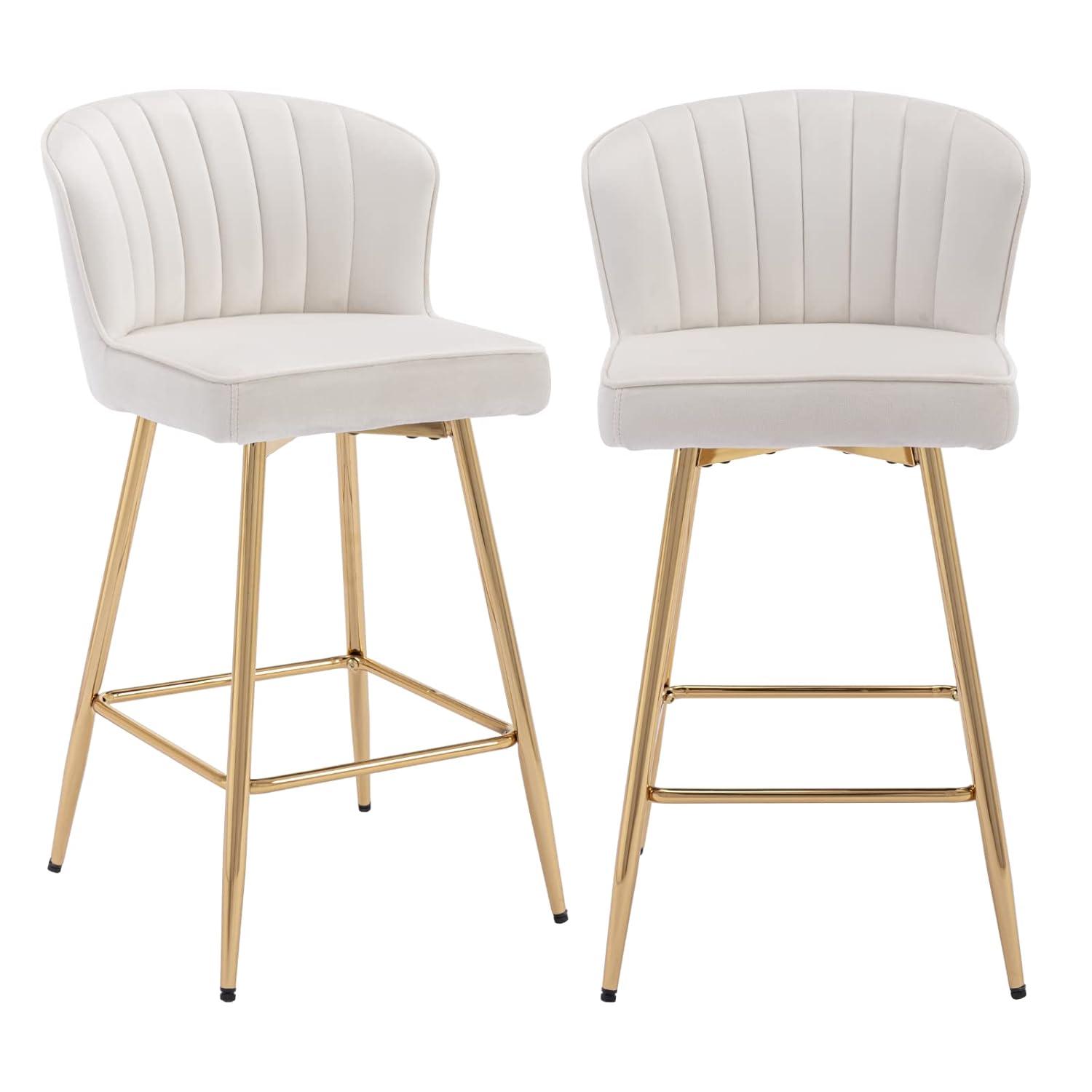 Counter Height Stools Set of 2, Velvet Bar Stools with 27 Inches Upholstered Seat Height, Handmade Woven Back Armrest, Sturdy Golden Metal Legs for Home Dining Pub Kitchen Island, Beige
