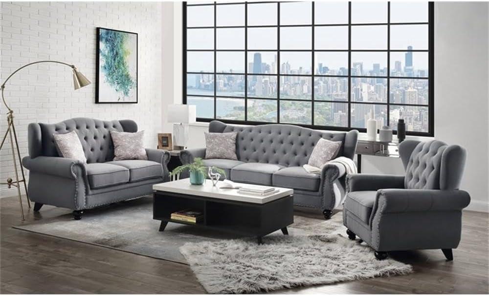 86" Hannes Sofa Gray Fabric - Acme Furniture: Classic Design, Winged Backs, Nailhead Trim