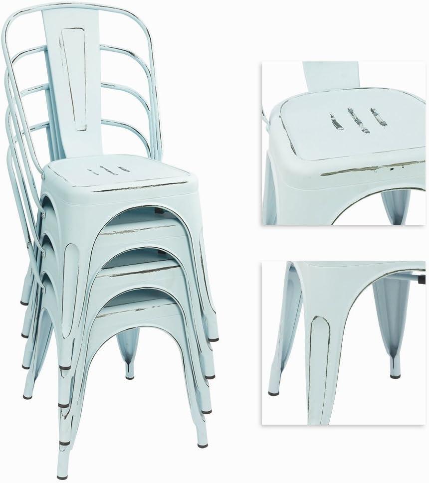 Devoko Metal Indoor-Outdoor Chairs Distressed Style Kitchen Dining Chairs Stackable Side Chairs with Back Set of 4 (Blue)