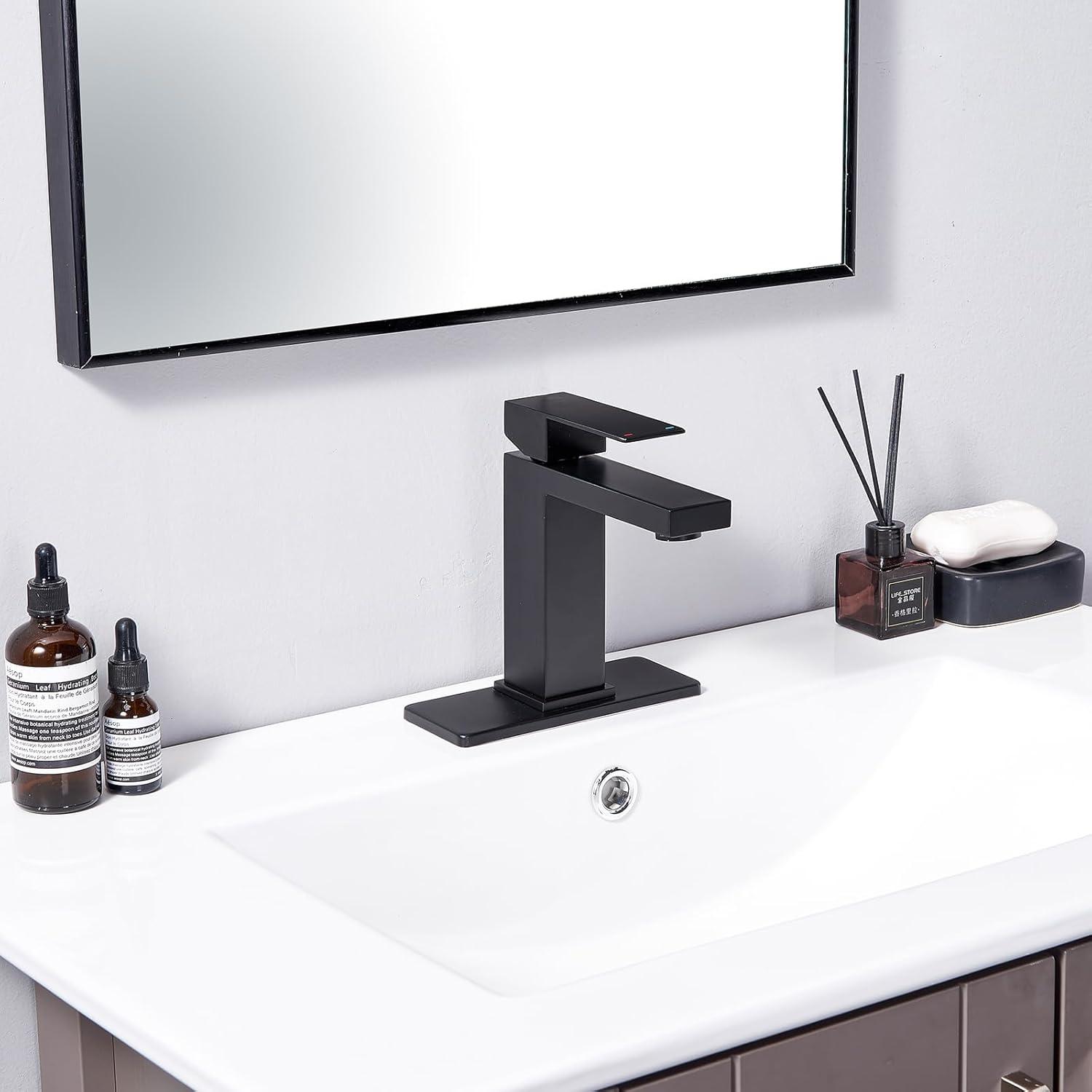 Matte Black Single Hole Bathroom Faucet,Vanity Faucet Modern Commercial RV with Deck Plate for 1 or 3 Hole, Single Handle Stainless Steel Bathroom Sink Faucet with Pop-up Drain