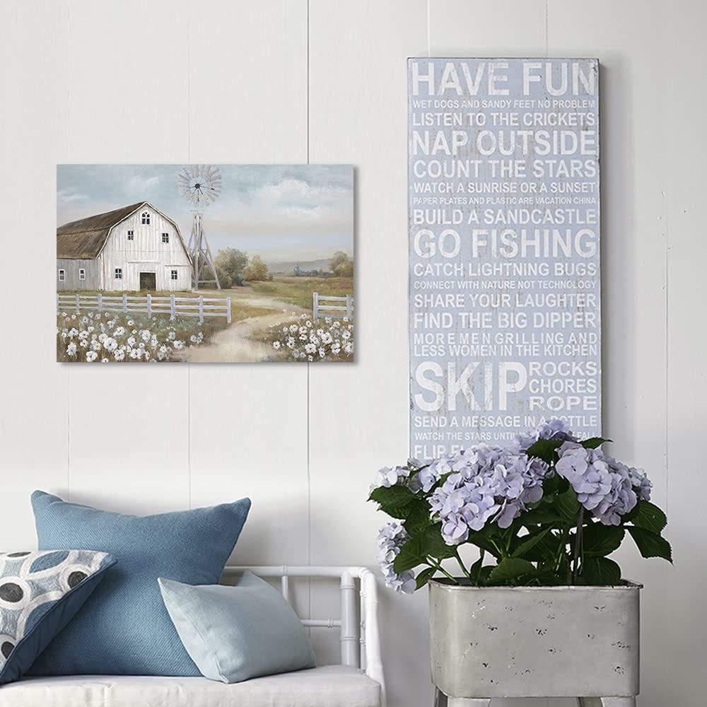 Pictures of Barns Prints Wall Canvas Old Rustic Bedroom Windmill Wall Decor Farmhouse Barn Pictures wall Art Blue sky and White Floral Retro Paintings (24"x 16"x 1panel)