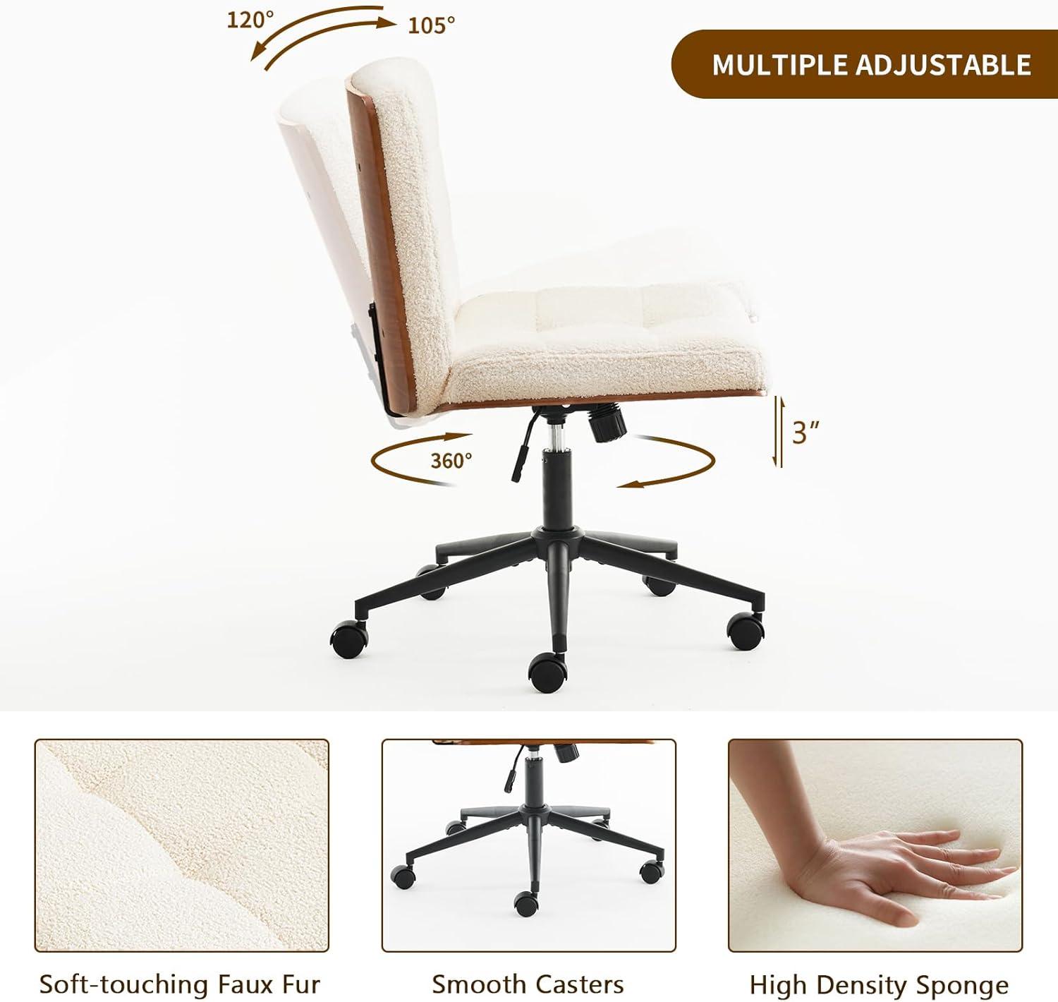 Armless Home Office Task Desk Computer Chair No Wheels PU-Padded Adjustable Swivel Vanity Chair lvory white