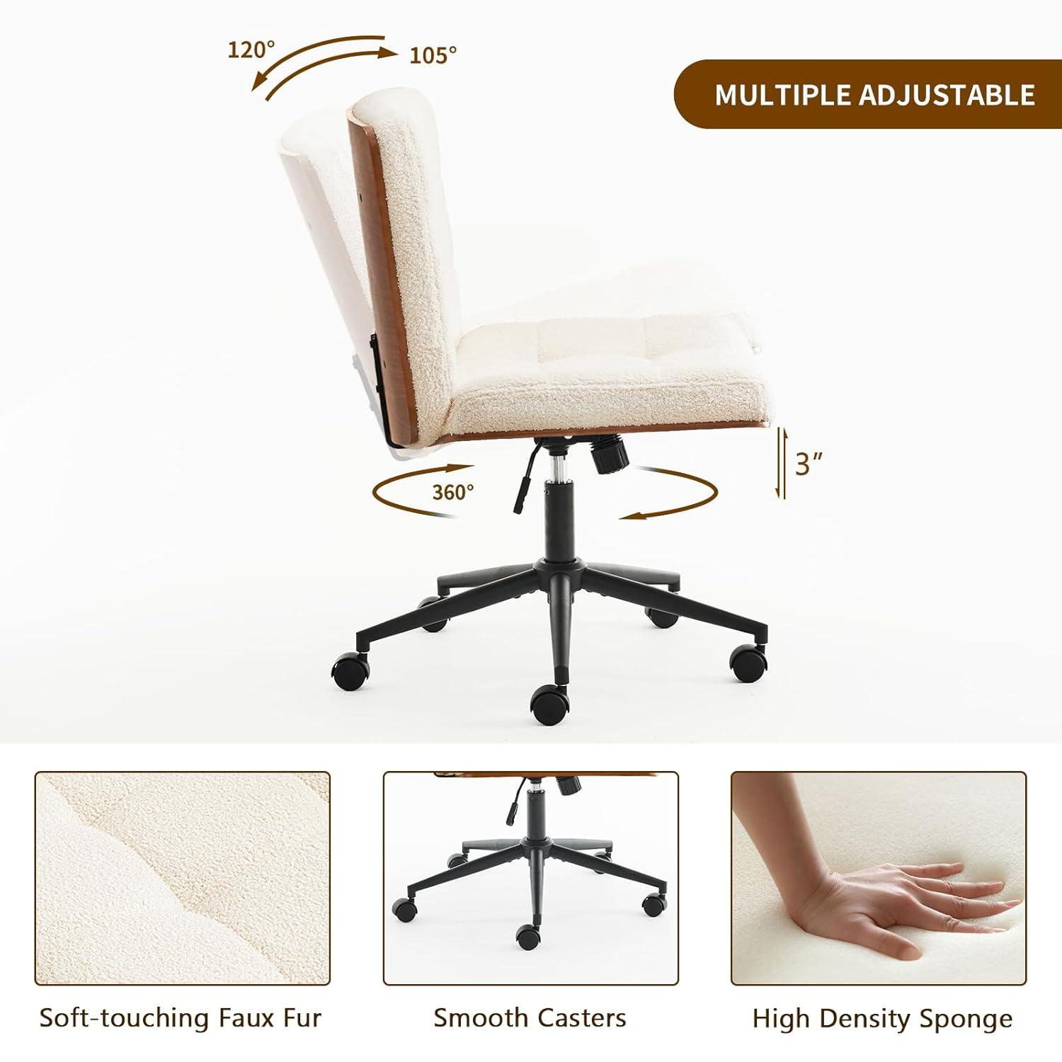 Armless Home Office Task Desk Computer Chair No Wheels PU-Padded Adjustable Swivel Vanity Chair lvory white