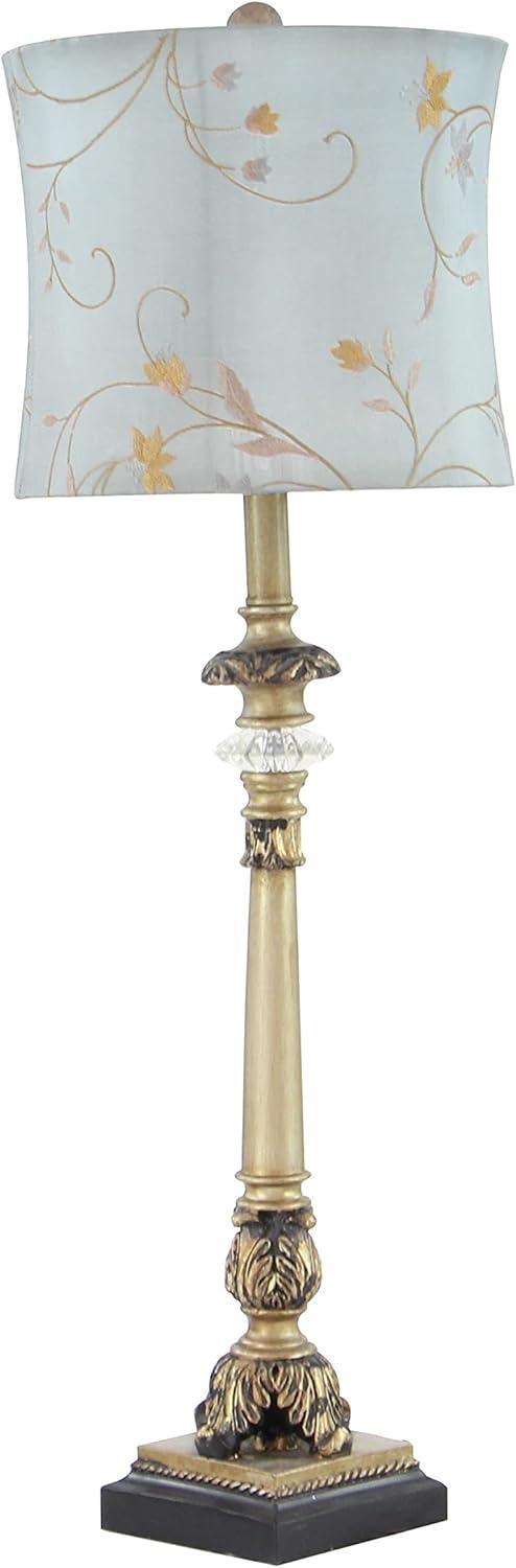 DecMode Antique Style Floral Gold Buffet Lamp with Blue Fabric Shade (2 Count)