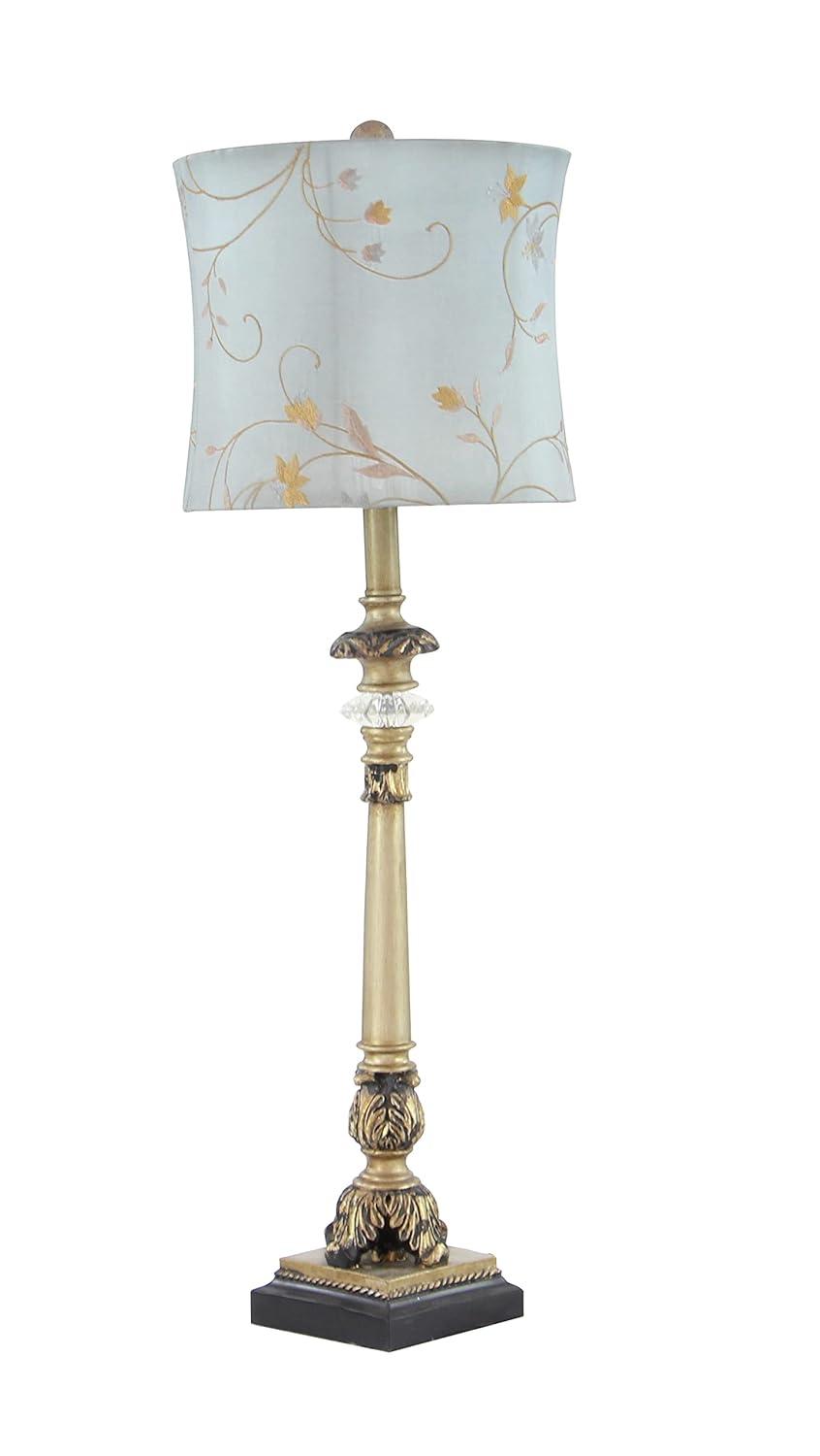 DecMode Antique Style Floral Gold Buffet Lamp with Blue Fabric Shade (2 Count)