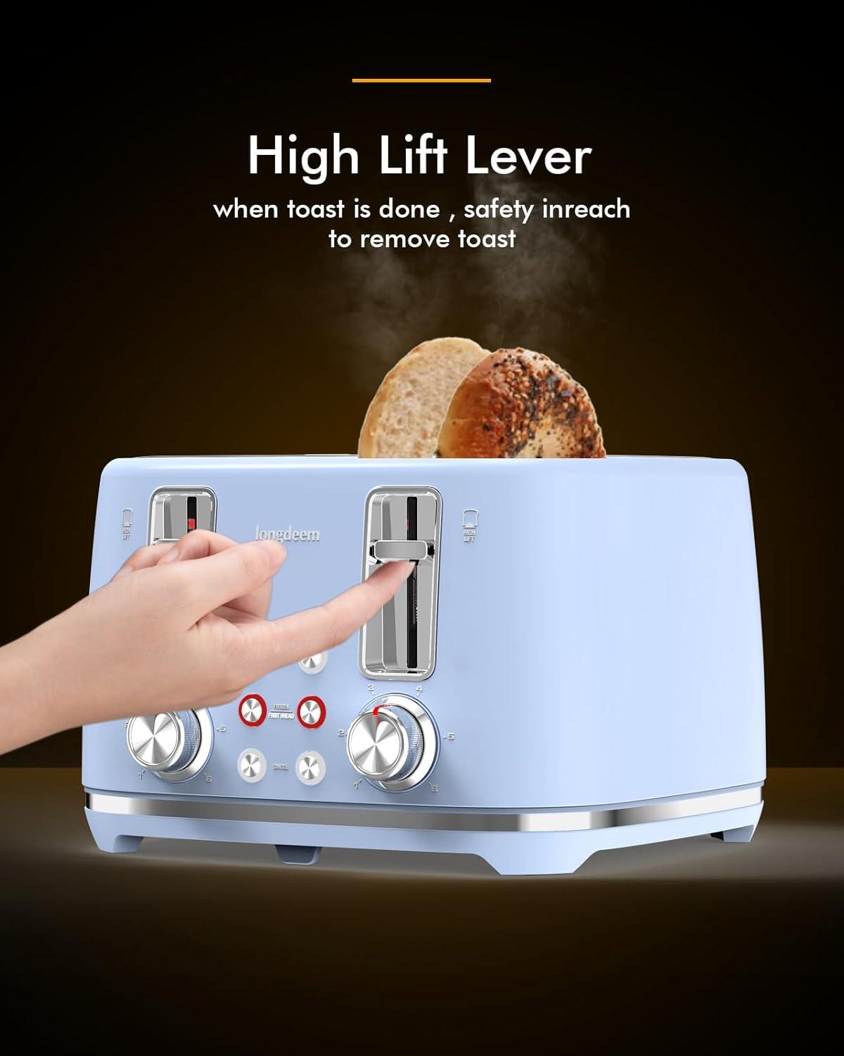 4 Slice Toaster, Extra Wide Slots, Longdeem Retro Stainless Steel Toasters, 6 Browning Options, Auto Shut Off & Frozen Function, Toast Fruit Bread, Bagel & Waffle