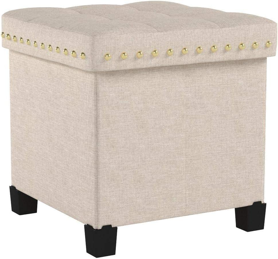 Nathan James Payton Foldable Cube Storage Ottoman Footrest and Seat with Beige Fabric