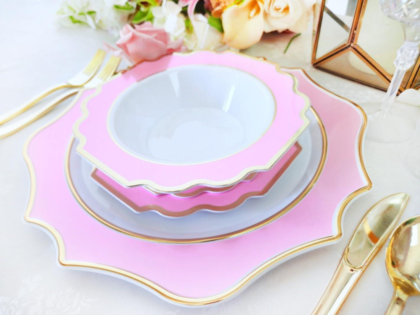 " OCCASIONS " 200 Piece set (25 Guests)-Wedding Plastic Plates & cutlery -Disposable heavyweight Dinnerware 10.5'', 8'' + Silverware + Cups + Napkins (Imperial in Rose Pink & Gold)