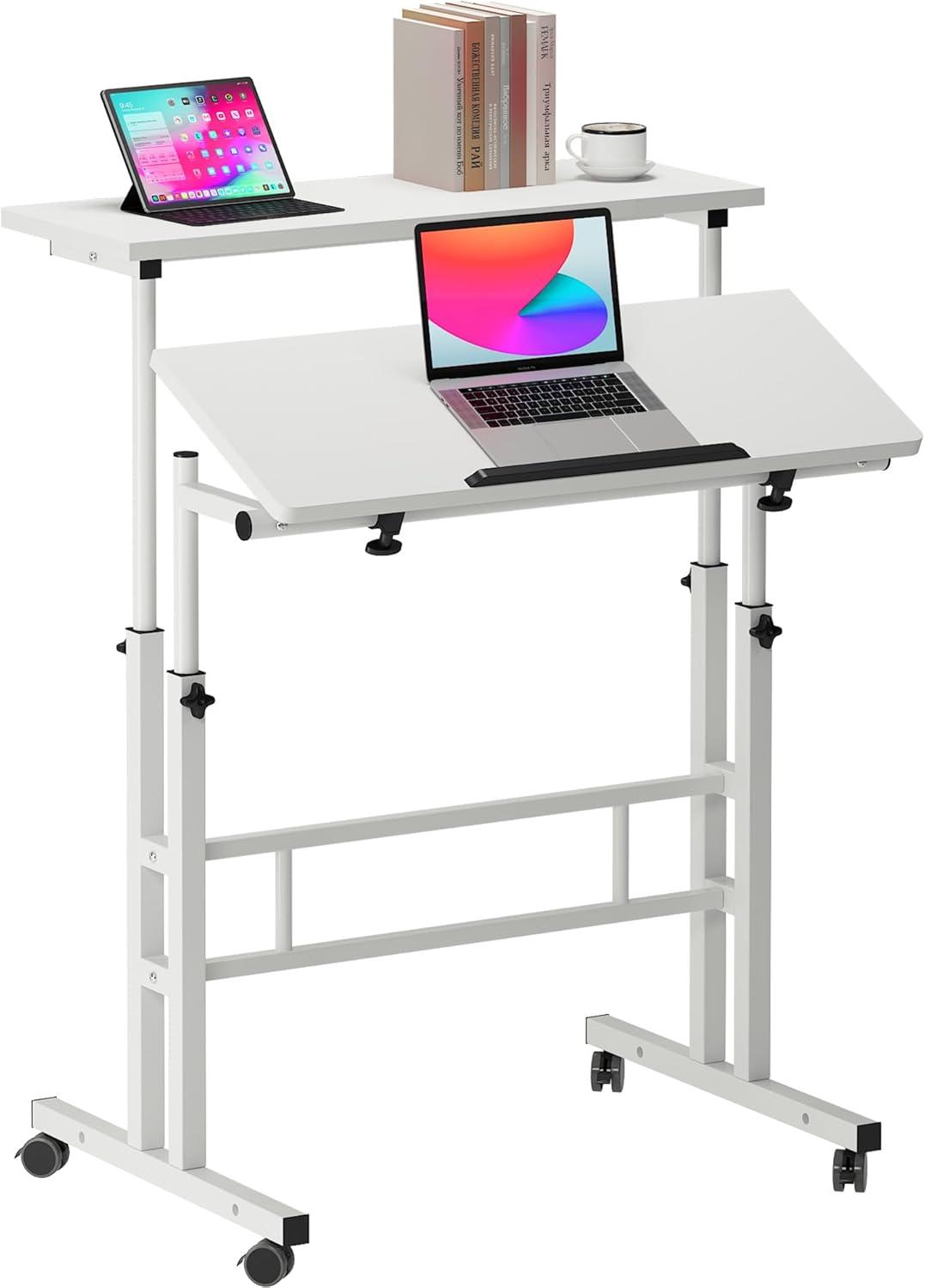 QuellQuest Adjustable Laptop Desk with Wheels Home Office Workstation Rolling White Table Laptop Cart for Standing or Sitting