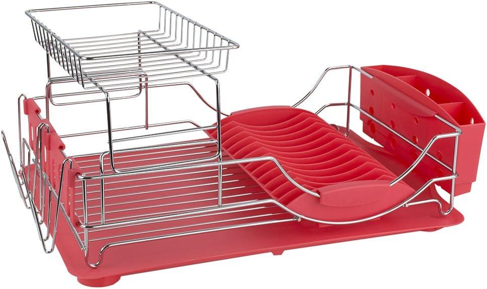 Red 2-Tier Metal Dish Drying Rack with Utensil Cup