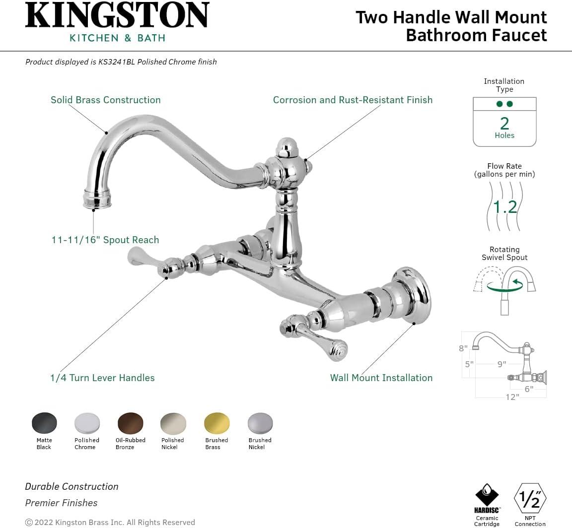 Kingston Brass Vintage Two-Handle 2-Hole Wall Mount Bathroom Faucet