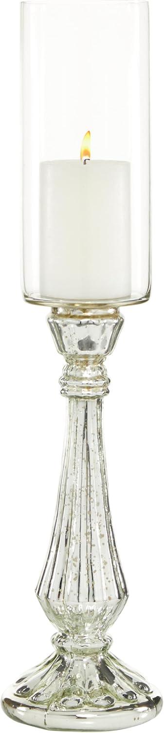 DecMode Silver Glass Handmade Turned Style Pillar Hurricane Lamp with Faux Mercury Glass Finish