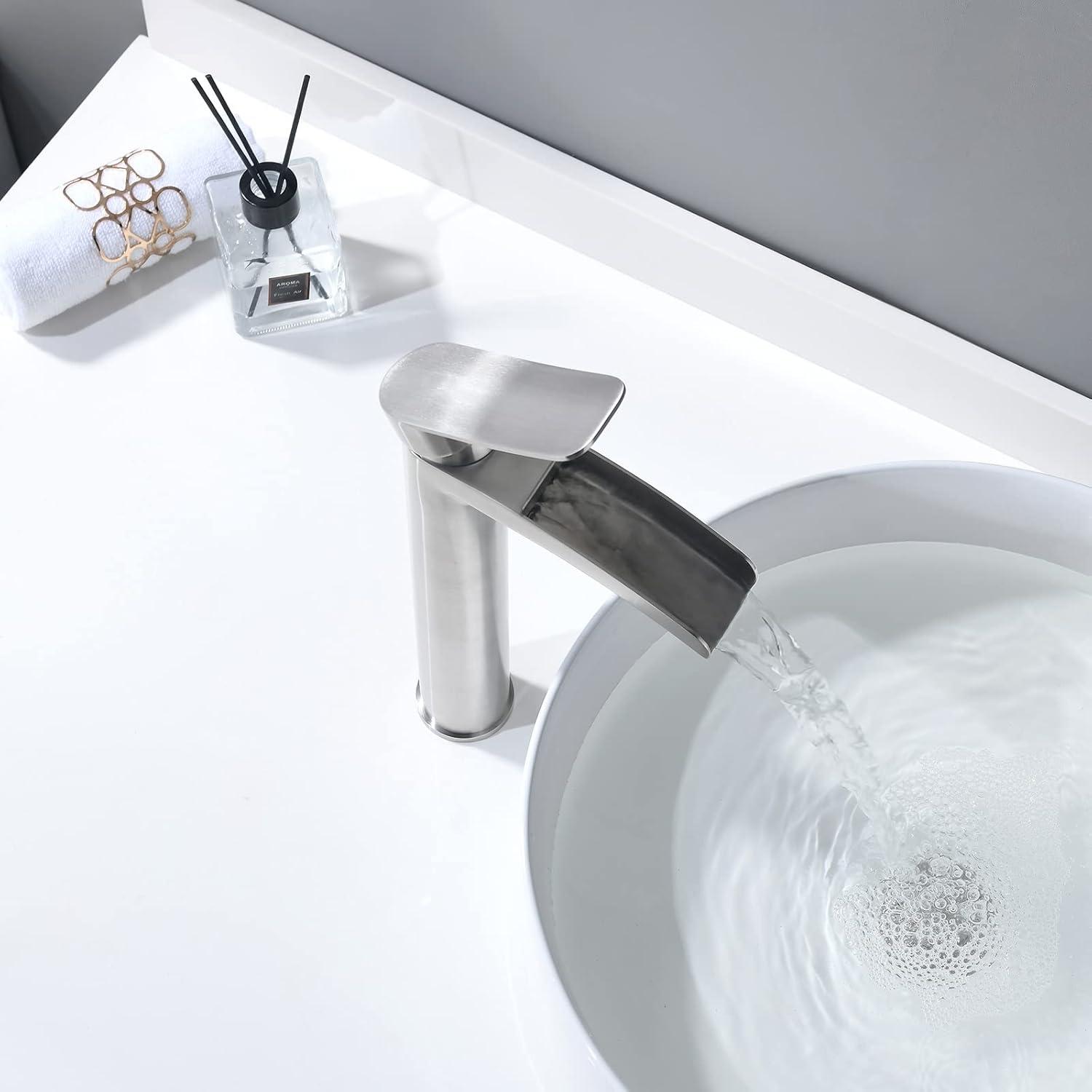 Brushed Nickel Tall Single Handle Waterfall Bathroom Faucet