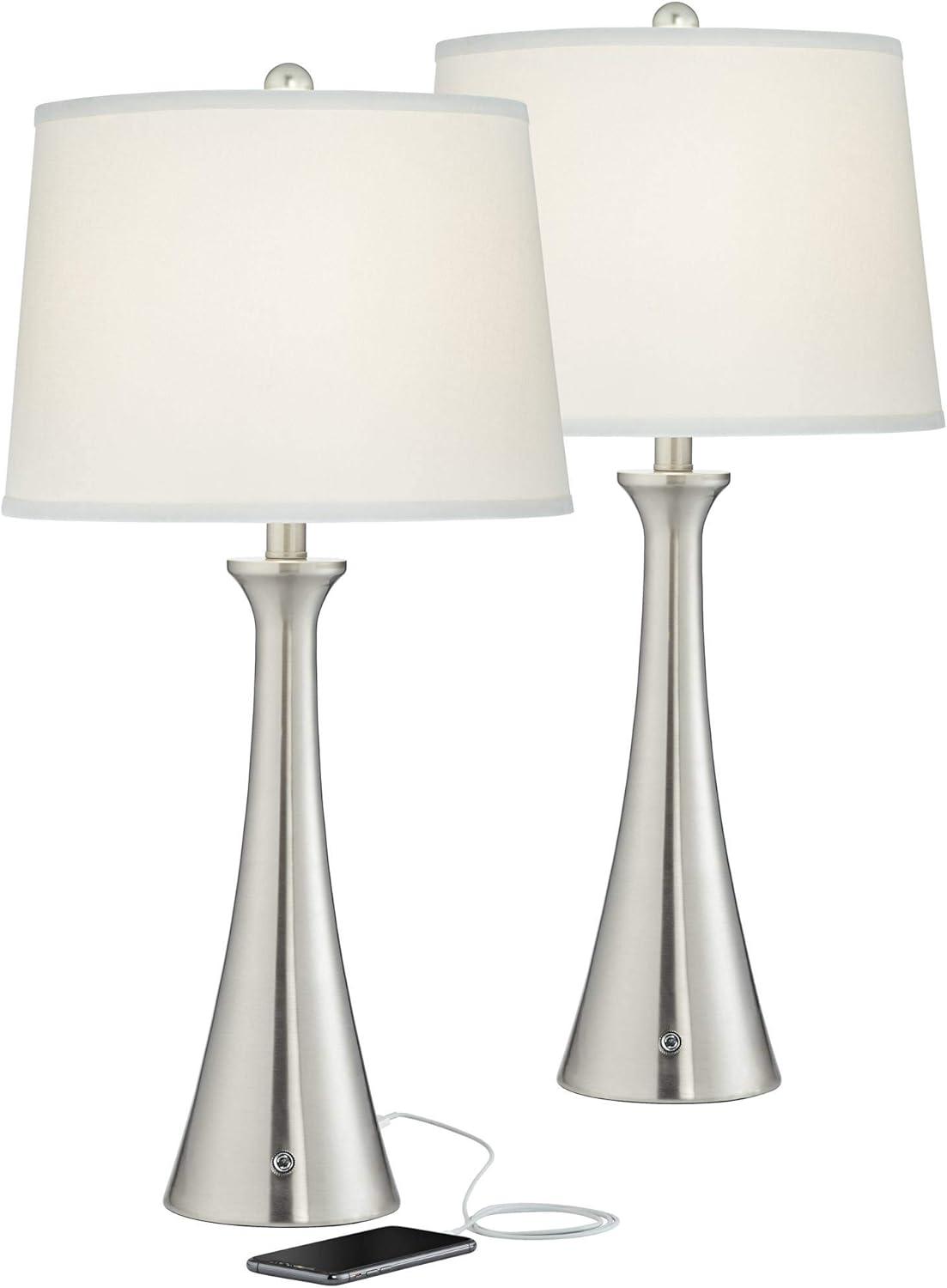 360 Lighting Karl Modern Table Lamps 27 1/2" Tall Set of 2 Brushed Nickel with USB and Outlet White Drum Shade for Bedroom Living Room House Bedside