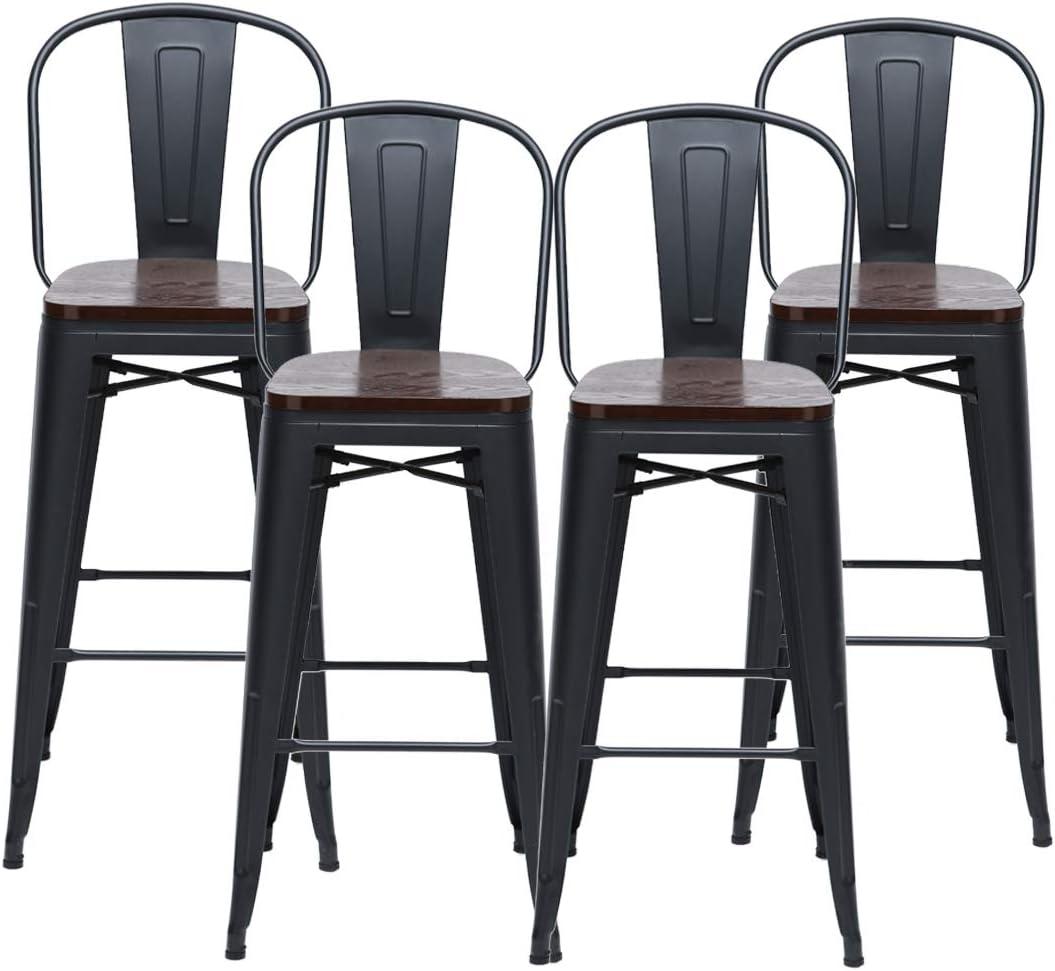 Andeworld Swivel Metal Bar Stools Set of 4 Counter Height Stools Counter Bar Stools with Back Swivel Metal Bar Chairs Wooded Seat 30 Inch Matte Black