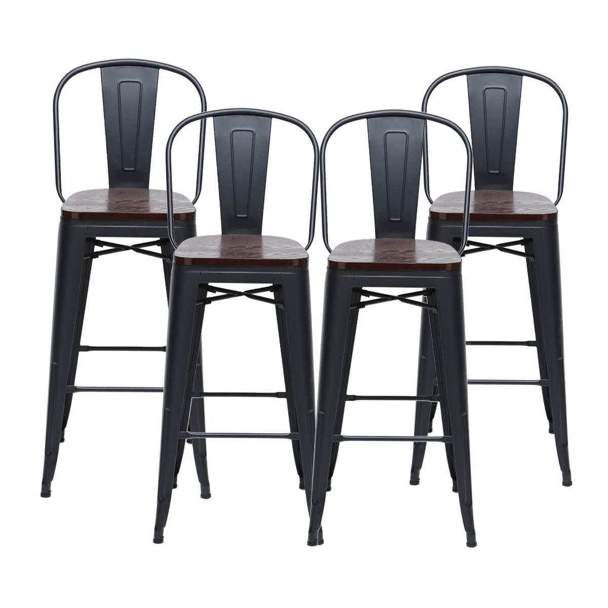 Andeworld Swivel Metal Bar Stools Set of 4 Counter Height Stools Counter Bar Stools with Back Swivel Metal Bar Chairs Wooded Seat 30 Inch Matte Black
