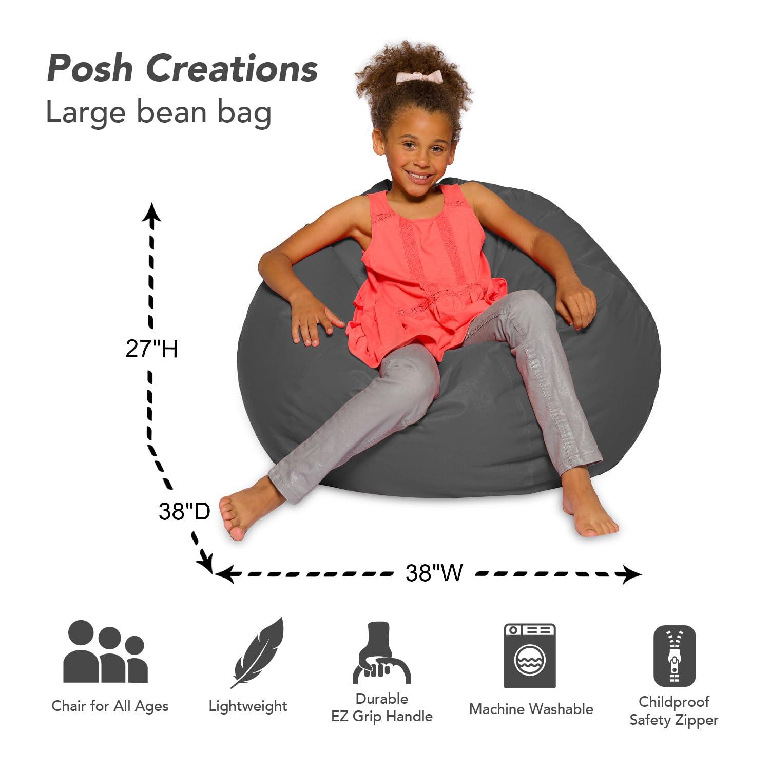 Posh Creations Bean Bag Chair, Kids, 3 ft, Heather Gray