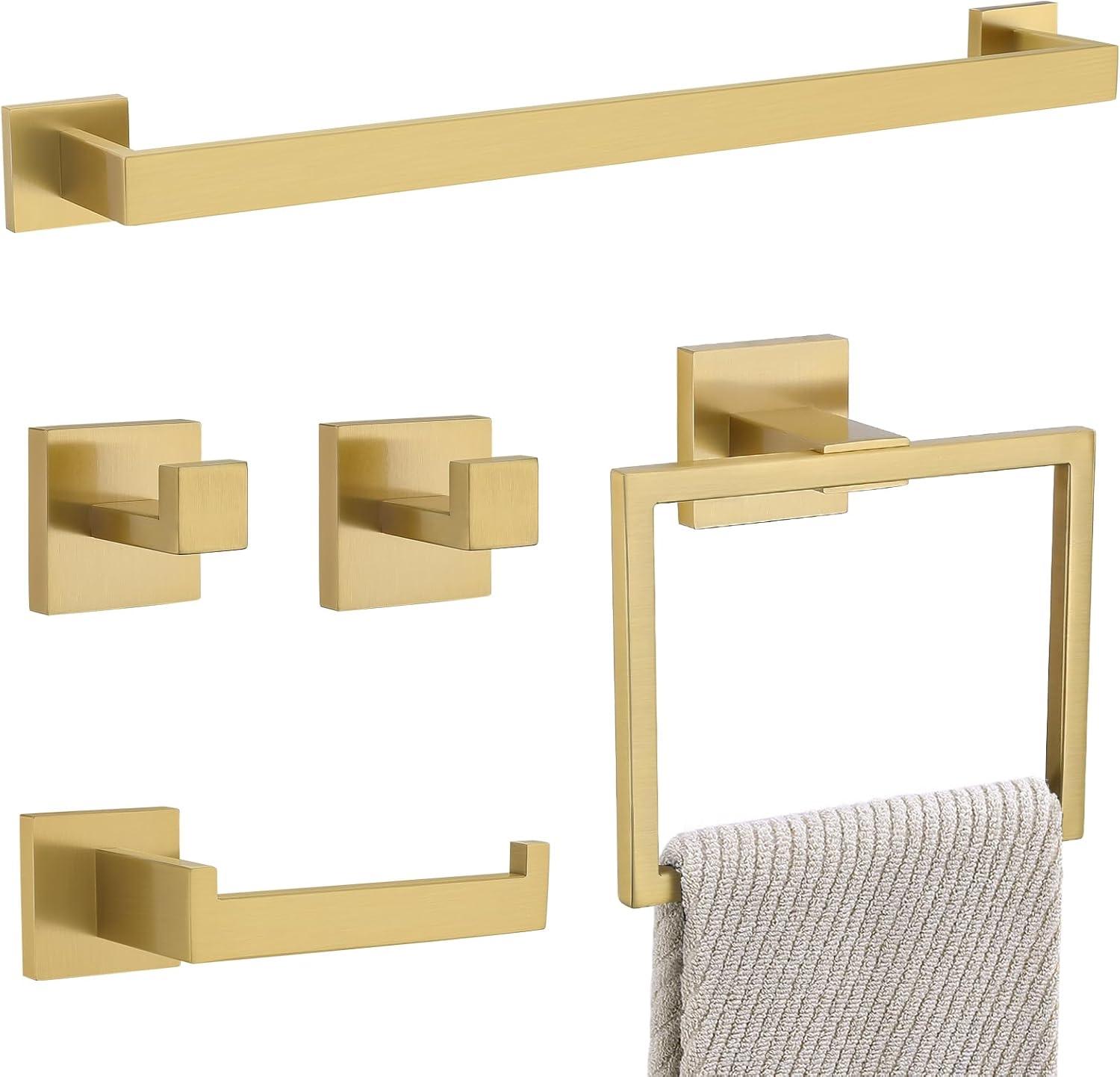 YACVCL 5 Pieces Brushed Gold Towel Bar Set Bathroom Hardware Set Towel Holder Set for Bathroom, 23.8 Inch Bathroom Accessories Set Stainless Steel Wall Mounted