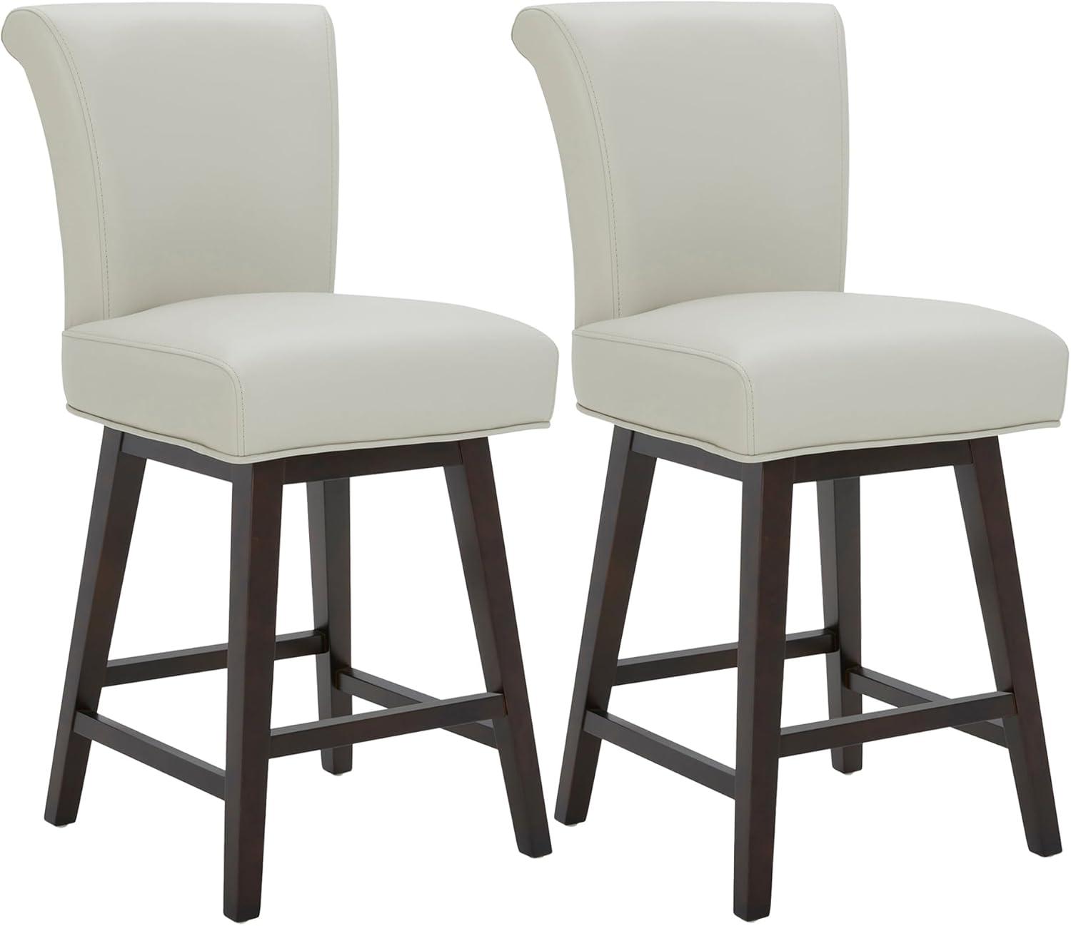 CHITA 26 in Upholstered Swivel Counter Bar Stools with Back&Wood Legs Set of 2, Faux Leather in Creamy Gray