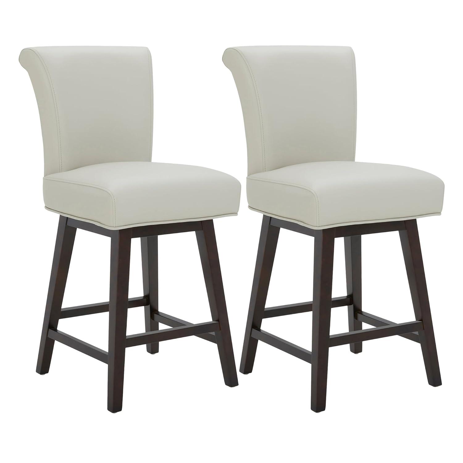 CHITA 26 in Upholstered Swivel Counter Bar Stools with Back&Wood Legs Set of 2, Faux Leather in Creamy Gray