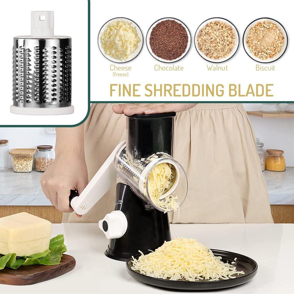 KEOUKE Rotary Cheese Grater with Handle - 3 Changeable Blades for Cheese, Vegetables, Nuts - Black
