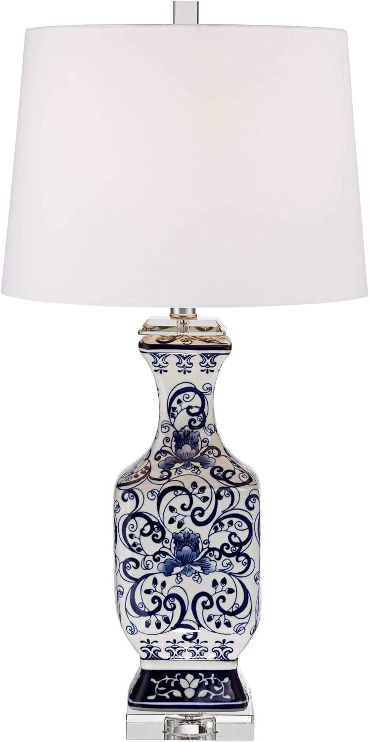 Barnes and Ivy Iris Asian Table Lamp 28" Tall Porcelain Blue Floral Jar Geneva White Drum Shade for Bedroom Living Room Bedside Nightstand Office Kids