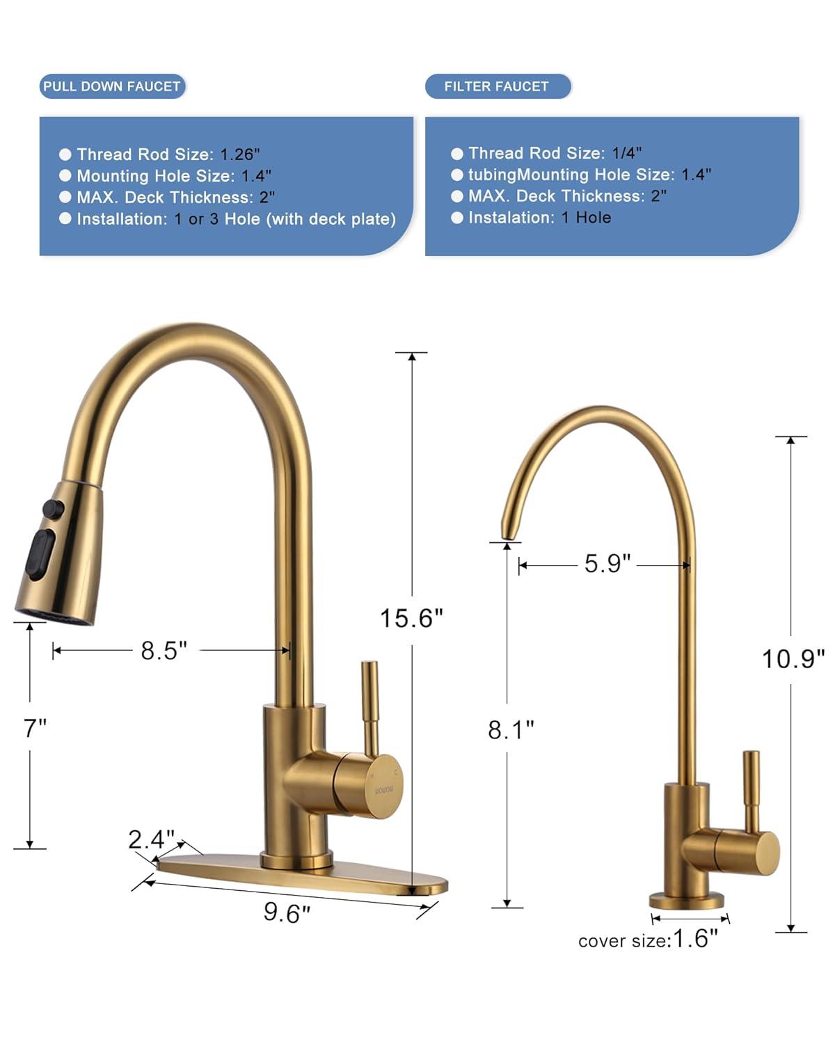 FashionSecretsLLC Kitchen Faucet and Water Filter Faucet Combo, WOWOW Stainless Steel Kitchen Sink Faucet with Drinking Water Faucet for Reverse Osmosis or Water Filtration System, Brushed Gold Sinkfaucet-BG-025