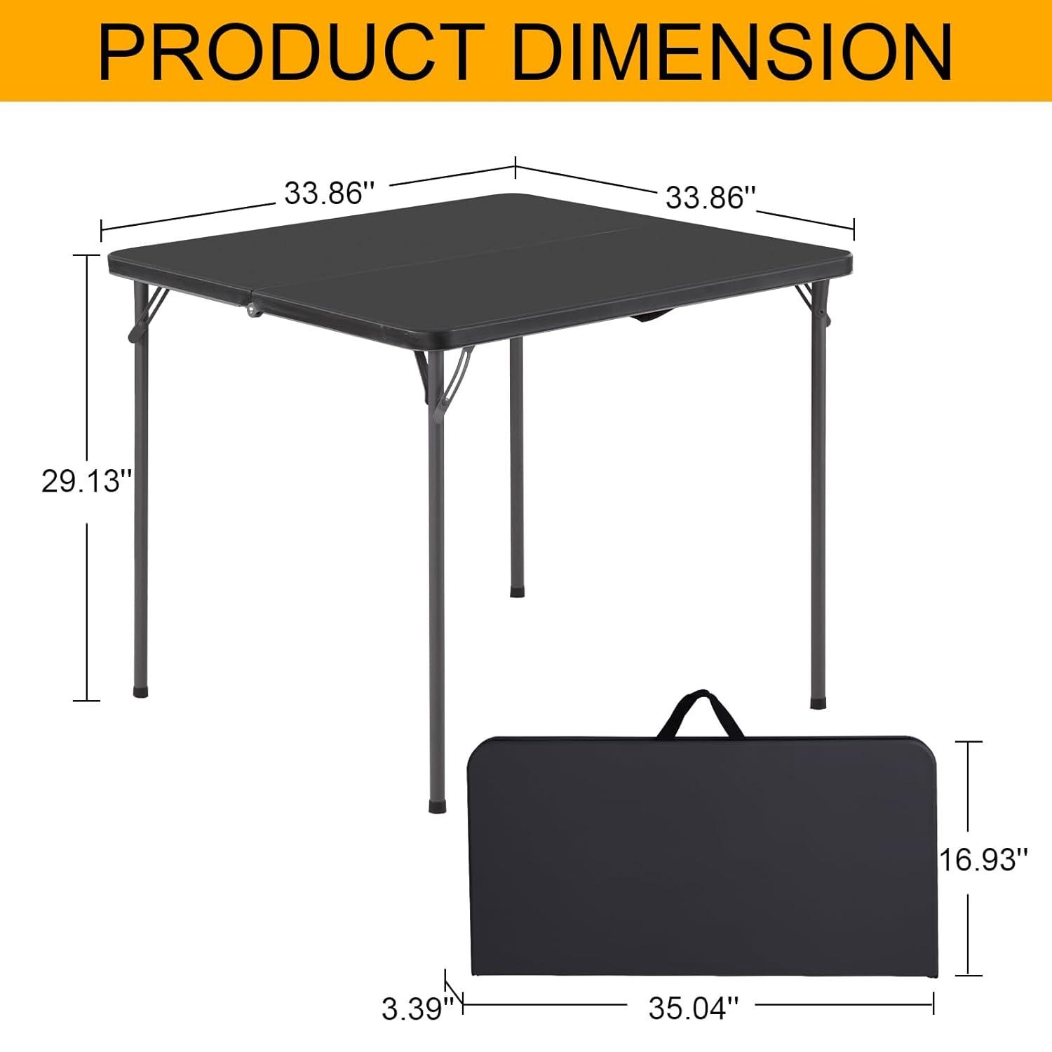 Amazon Basics 34 inch Portable Folding Dining Table with Carrying Handle, Black, 33.9 x 29.1 x 33.9 inch, Square