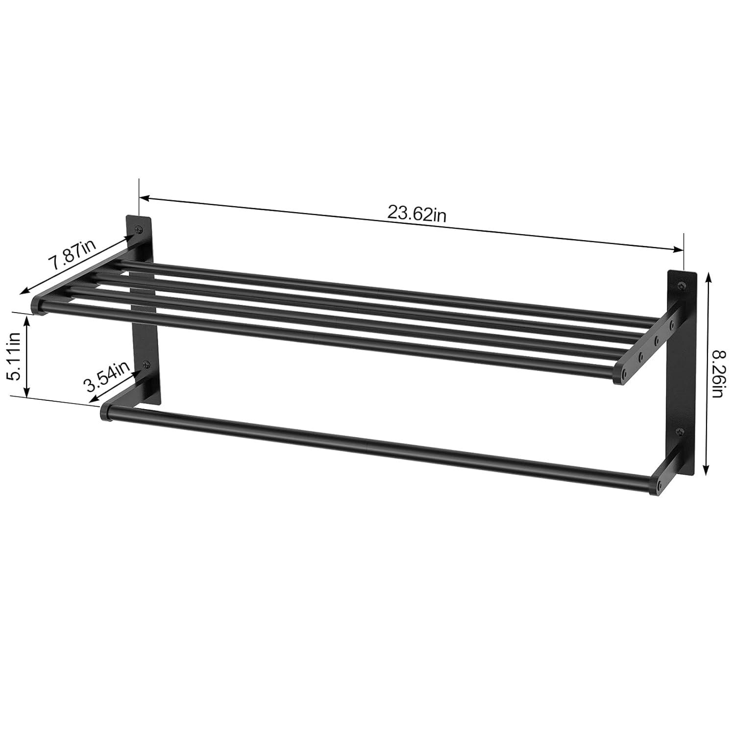 24 Inch Towel Racks for Bathroom, 2 Tire Bathroom Shelf with Towel Bar, Rustproof Wall Mounted Towel Rack SUS304 Stainless Steel, Bathroom Accessories Lavatory Towel Storage - Black