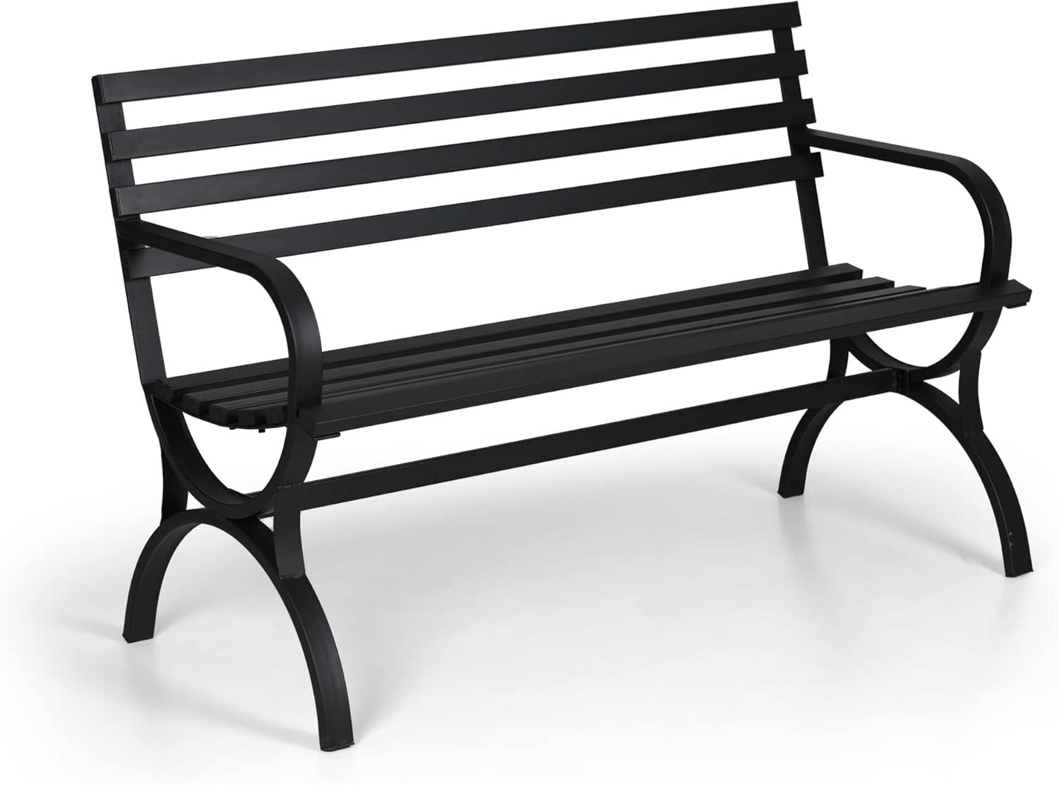 Black Steel Modern Slatted Outdoor Bench with Armrests