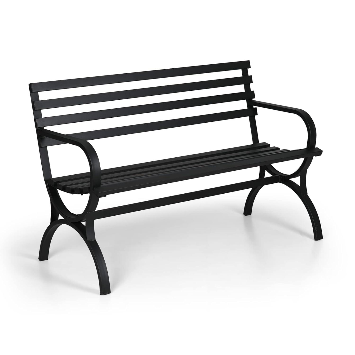 PHI VILLA Outdoor Garden Bench, 48” Long Metal Steel Bench with Backrest and Armrests, Modern Slatted Design for Patio, Lawn, Yard, Porch - Black