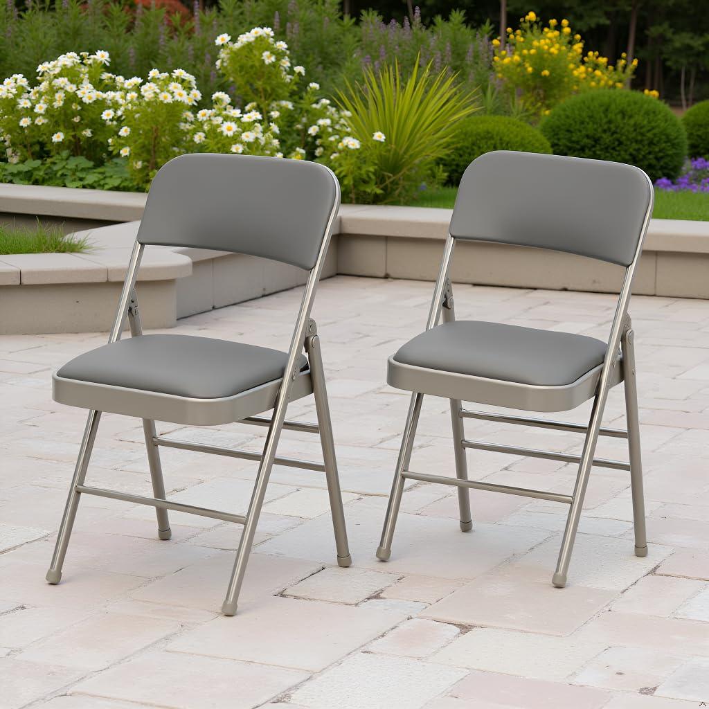 Folding Chairs with Padded Cushion and Back, 4pcs Potable Iron & PVC Durable Chairs for Indoor and Outdoor, School, Office and Garden Party, Gray