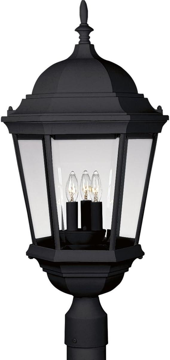 Progress Lighting, Welbourne, 3-Light Post Lantern, Textured Black, Clear Beveled Glass Panels